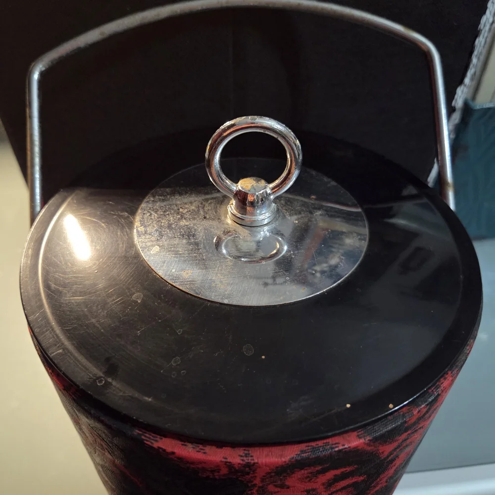 Vintage MCM Thermo Ice Bucket Black & Red, Silver Tone - Very GROOVY! 1960s!!